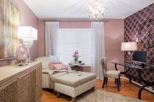pink and cream home office with chaise lounge